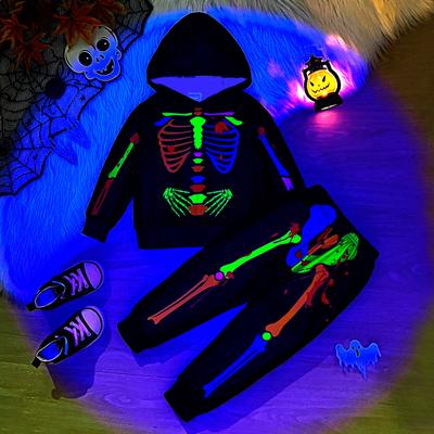 18M a 6A Vestido de Halloween Infantil de Ossos Fantasia Luminosa Manga Longa Moletom com Capuz Calças Conjunto de Duas Peças