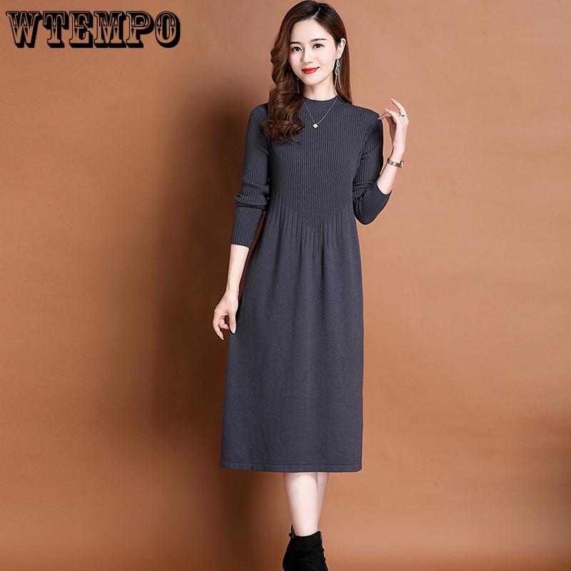 Solid-color Sweater Dress for Women's Autumn and Winter Casual Half Turtleneck Sweater A-line Dress