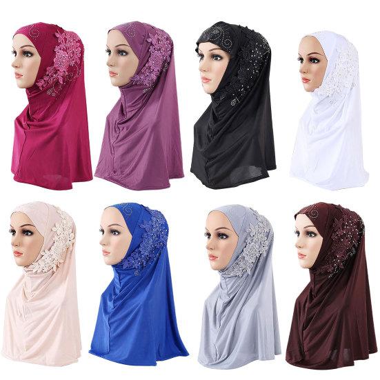 Women Solid Color Lace Rhinestone Muslim Hijab Wrap Islamic Scarf Cap Head Cover