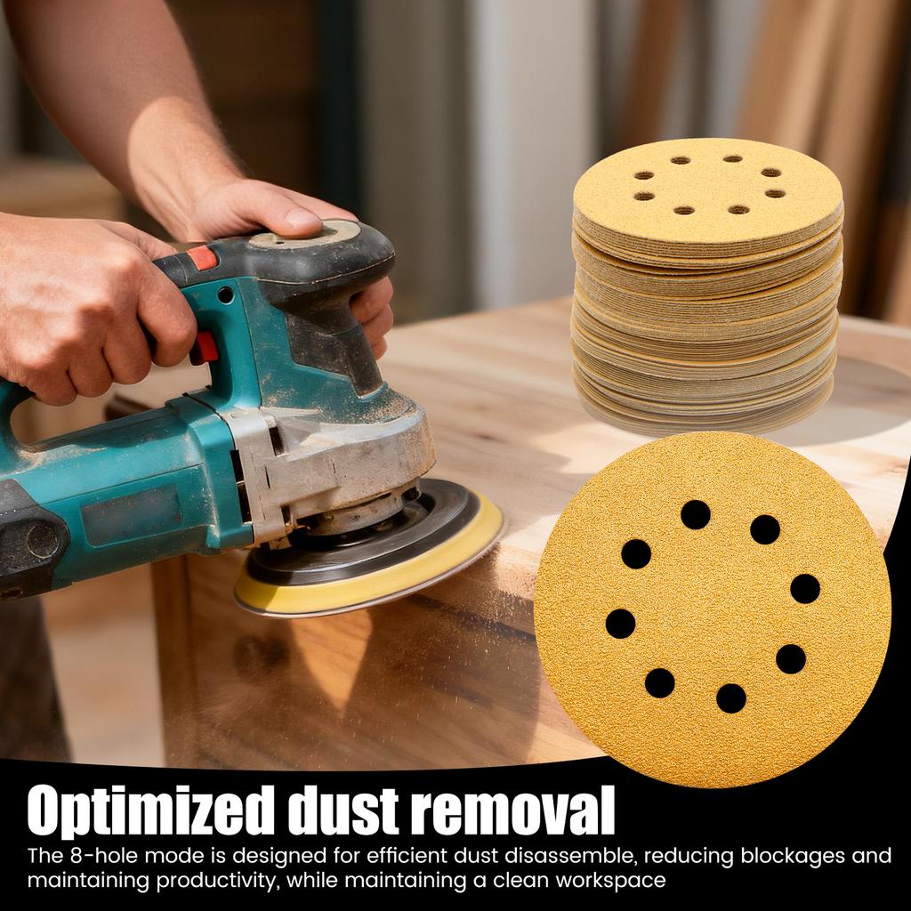 100 Stück 5 Zoll 125 mm 8-Loch Schleifscheiben Schleifpapier 60-320 Körnung Gold Rund Klett für Exzenterschleifer für Holz