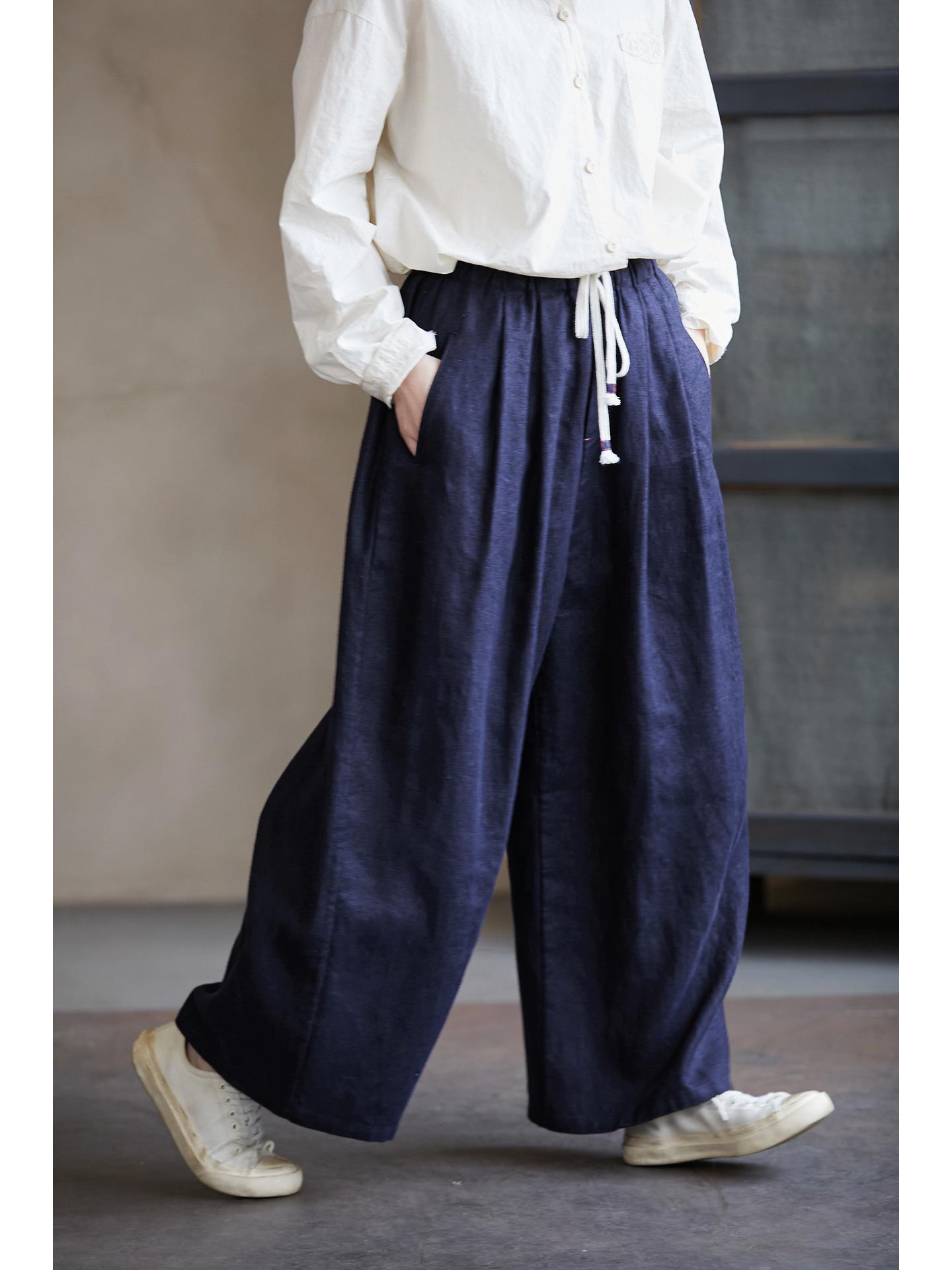 Women s Retro Sea Blue Linen Carrot Pants - Autumn Arrival, Loose Fit, Plus Size M