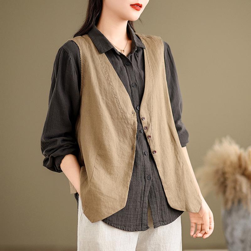 Summer Cotton and Linen Literary Retro Loose Sleeveless Blouse Vest Waistcoat Cardigan Vest Women