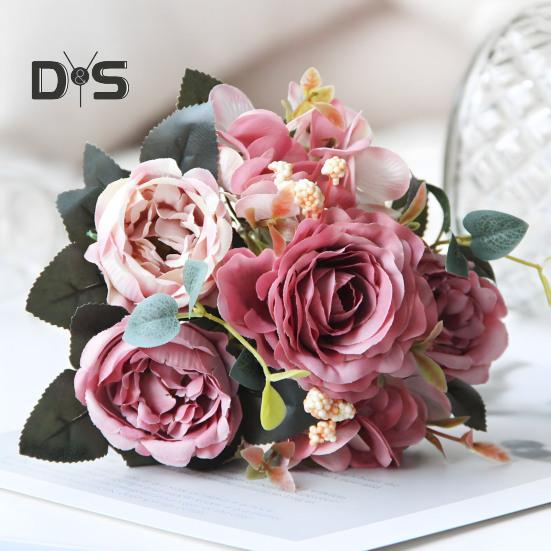 Vintage Artificial Peonies Faux Silk Flowers Bunch Hydrangea Rose Peony Floral Centerpiece for Wedding Event Party Home Decor