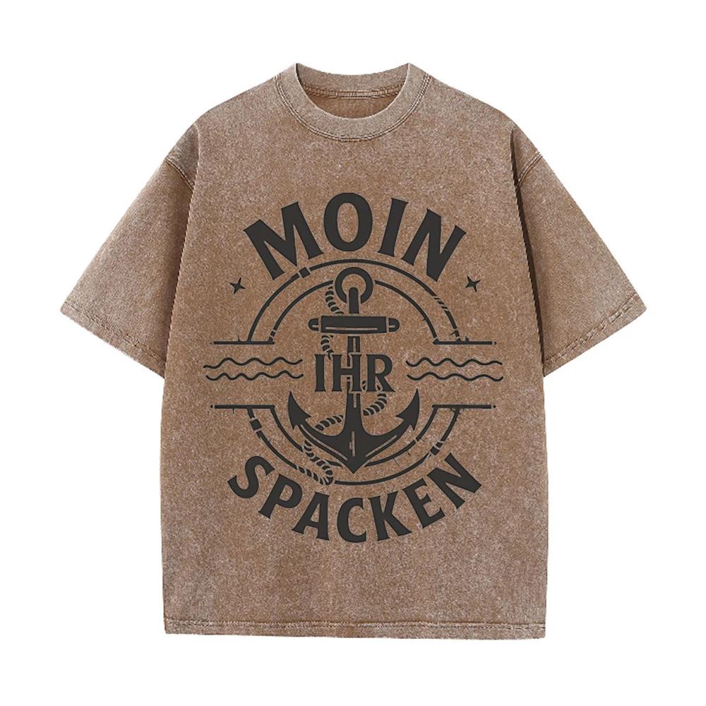 2026 Vintage Nautical Anchor Wave Badge Graphic Beige Washed T Shirt Moin Ihr Spacken German Slogan Casual Oversized Unisex Shor