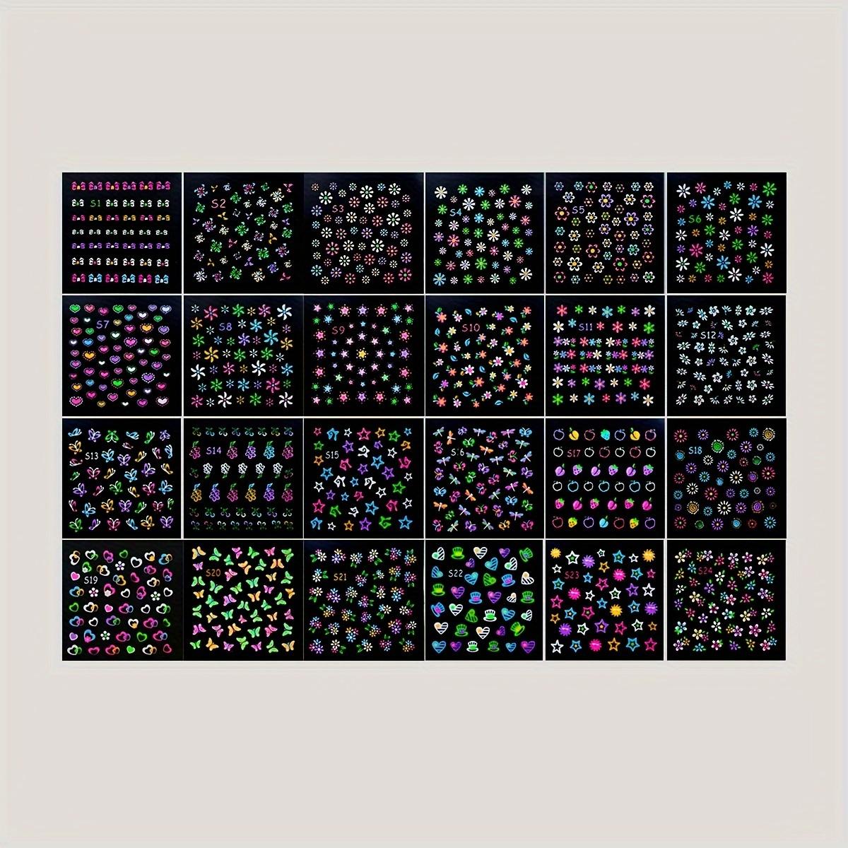 

24 листа 3D светящиеся в темноте неоновые наклейки для ногтей блестящие глянцевые самоклеящиеся наклейки для ногтей украшение для ногтей в виде бабочки и цветка для женщин и девочек своими руками