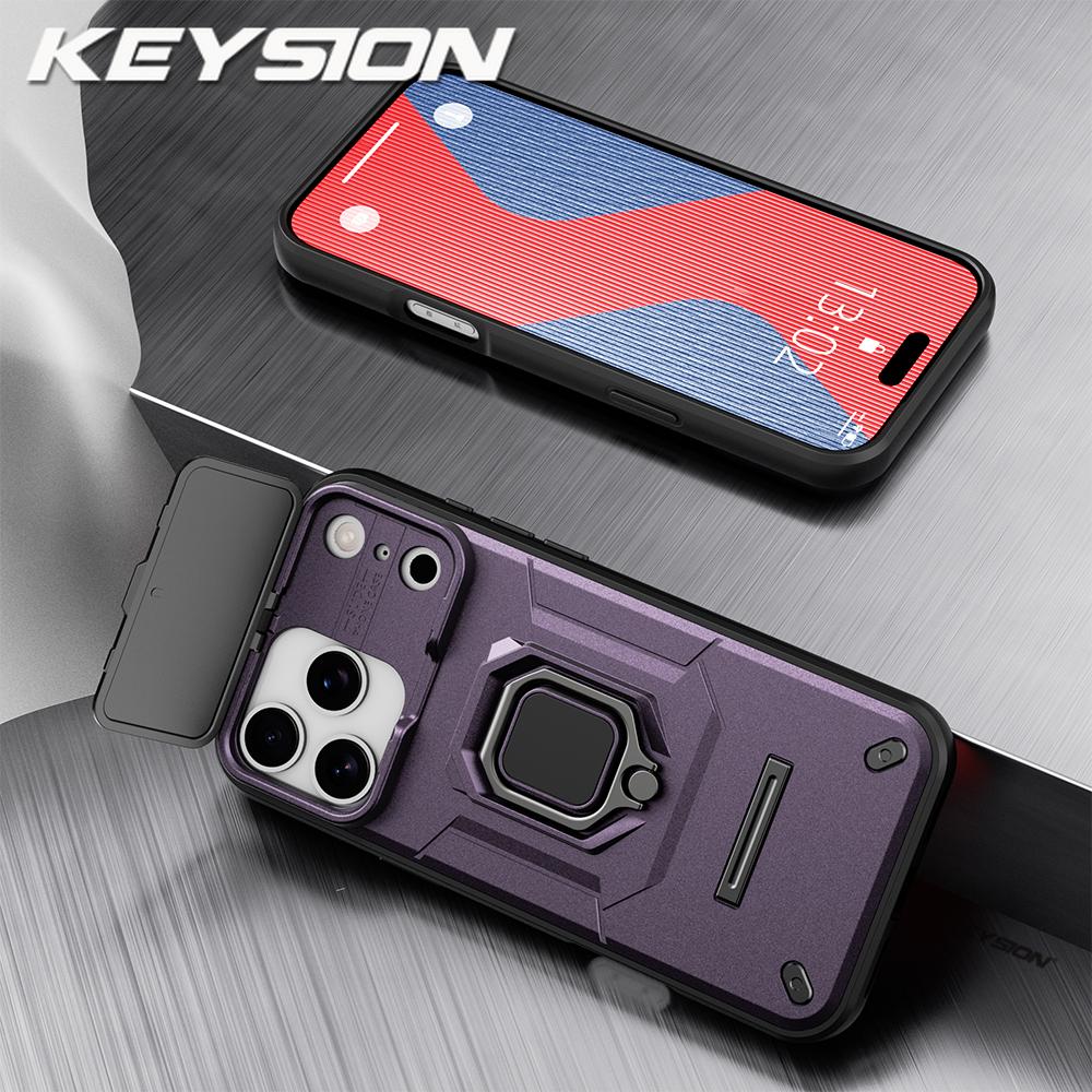 

KEYSION Shockproof Armor Case for iPhone 17 Pro Max Slide Camera Lens Protection Metal Ring Stand Phone Cover for iPhone 17 Air for iPhone 17 Pro Max фиолетовый