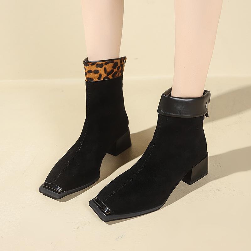 Fashion Women's Fashion Thick Heel Cotton Boots Winter New Square Head Suede Back Zipper Splicing Rivet Non-slip Short Boots