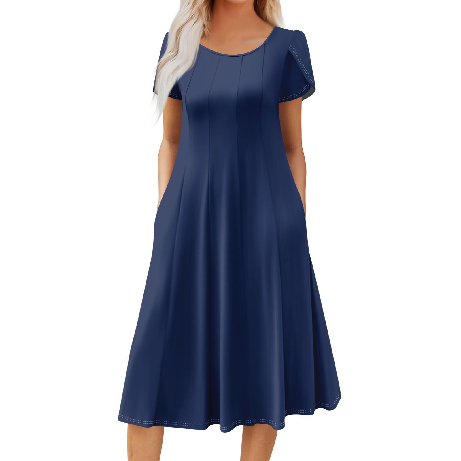 

Женское повседневное модное платье миди с круглым вырезом и коротким рукавом, модное свадебное платье для гостей L тёмно-синий