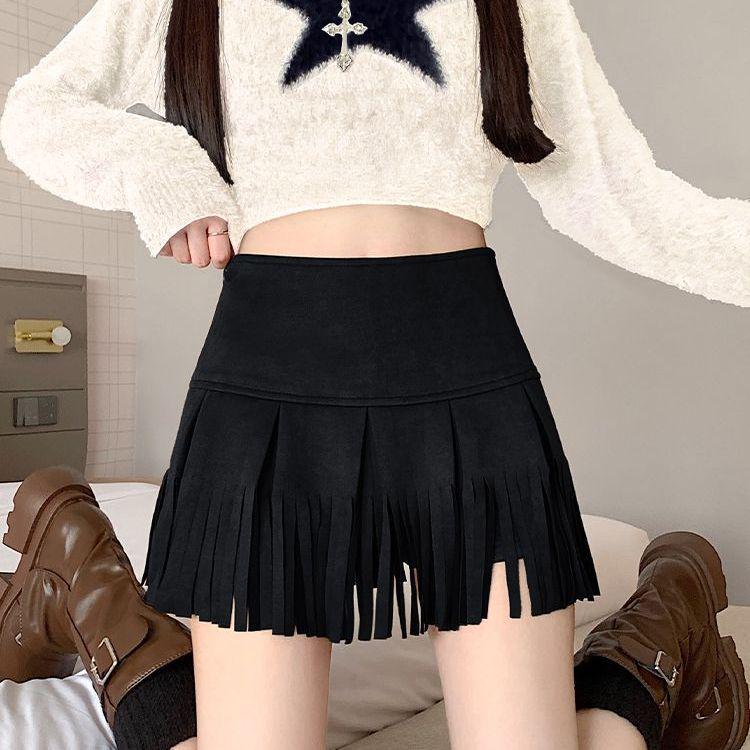 2025 Autumn/Winter Women's Retro Suede High-Waisted Tassel A-Line Mini Skirt