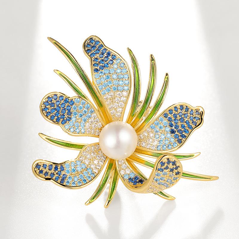 Orchid Brooch with Freshwater Pearl  Agate - Elegant Coat Pin Corsage Accessory