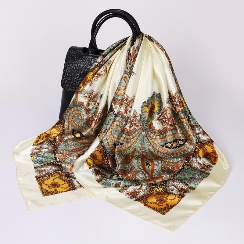 Versatile chain 90cm silk scarf square scarf high-end women's shawl retro printing satin bag headscarf
