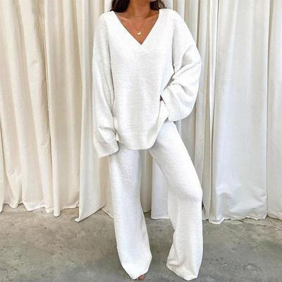 Bequeme Trainingsanzüge für Damen im Herbst und Winter, lässiger V-Ausschnitt, langärmeliger Pullover und Hose, warmes zweiteiliges Set, Damenmode-Sets