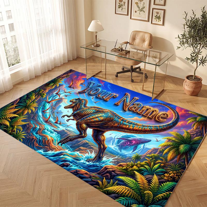 Dinosaur Theme Soft Crystal Velvet Rug Custom Name & Text Print Non Slip Floor Rug for Bedroom Living Room