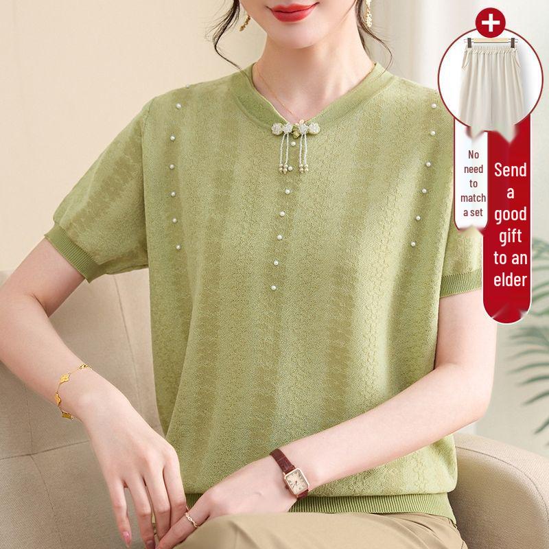 Schickes Sommer-Eis-Seiden-Qipao-Kragen Kurzarm Zweiteiler für mittelalte und ältere Frauen - Strick-T-Shirt-Oberteil in Übergröße