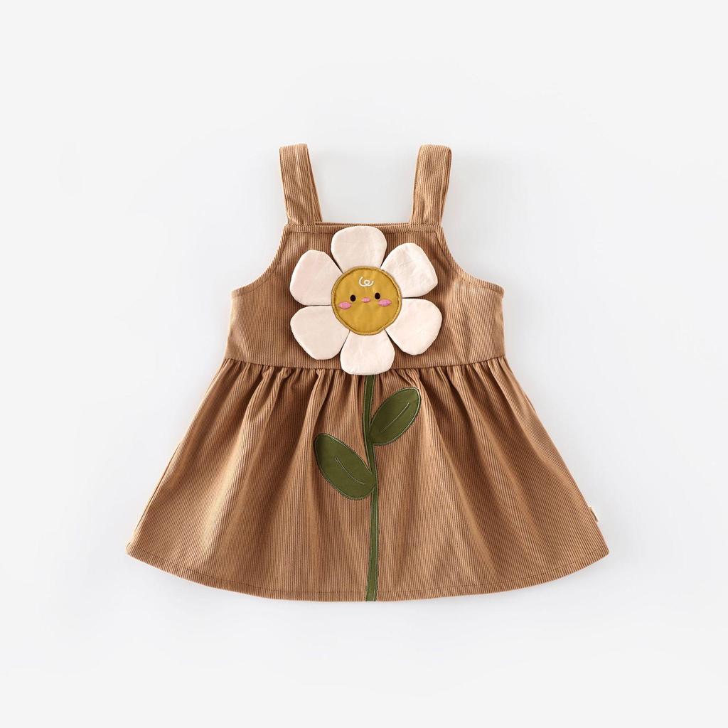 2025 Autumn Girls' Floral Embroidered Cartoon Suspender Dress - Korean Style