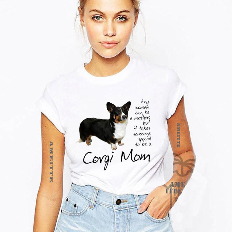 Cute Corgi Mom With Red Polka Bow Gift T Shirt Summer Fashion Women Short Sleeve Harajuku S