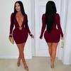 ZY European and American Independent Station Sexy Deep V Tight Skirt Metal Accessories Long Sleeve Hip Wrap Spice Girls Banquet Dress