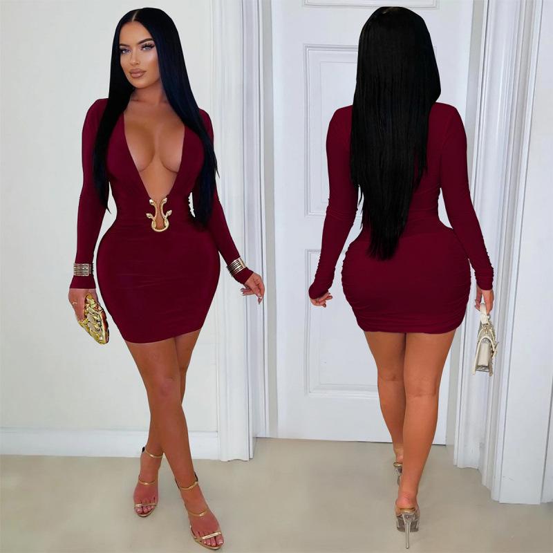 ZY European and American Independent Station Sexy Deep V Tight Skirt Metal Accessories Long Sleeve Hip Wrap Spice Girls Banquet Dress