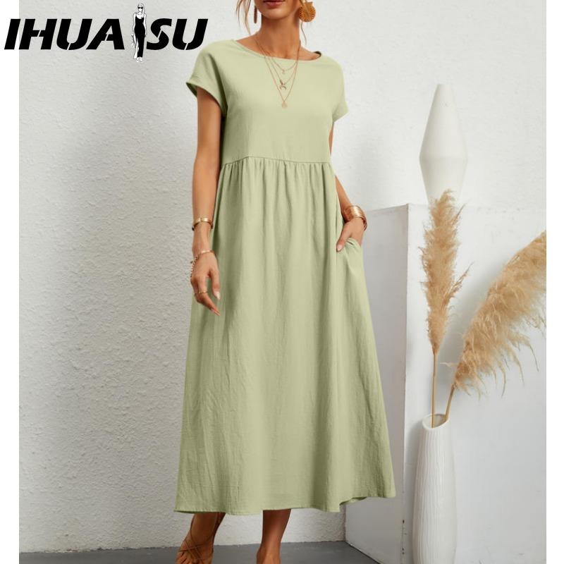 IHUASU Women's Fashion Summer Spring Solid Color Print O-Neck High Waist Casual Dresses