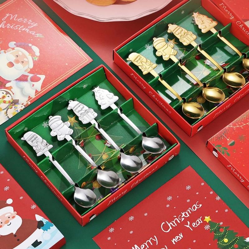 4Pcs Stainless Steel Christmas Coffee Spoons Christmas Trees Santa Tea Spoon Gingerbreads Man Dessert Drink Mixing Spoon