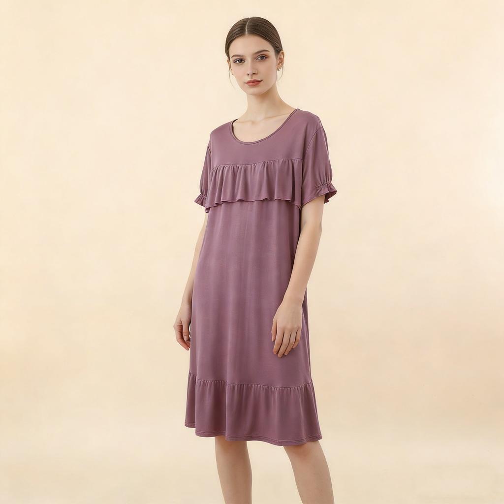 Women's Modal Round Neck Patchwork Sleep Dress Summer Loose Plus Size Casual Chic Loungewear Outdoor SleepWear Dress