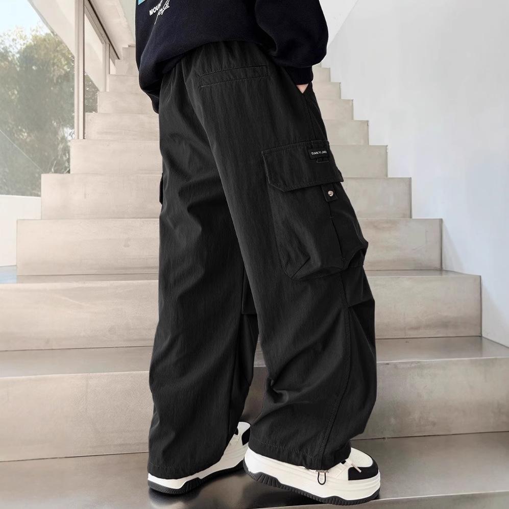 Четыре Сезона Мальчики Брюки Карго Весна Повседневные Брюки Дети Осень Прямые Свободные Брюки Подросток Однотонные Широкие Одежда 120