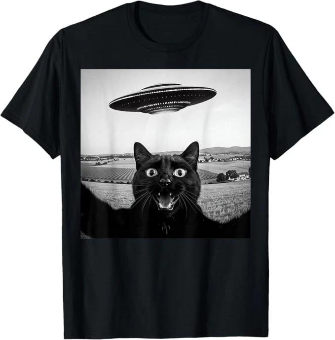 Black Cat Selfie UFO Alien Funny Gifts for Kids T-Shirt 110