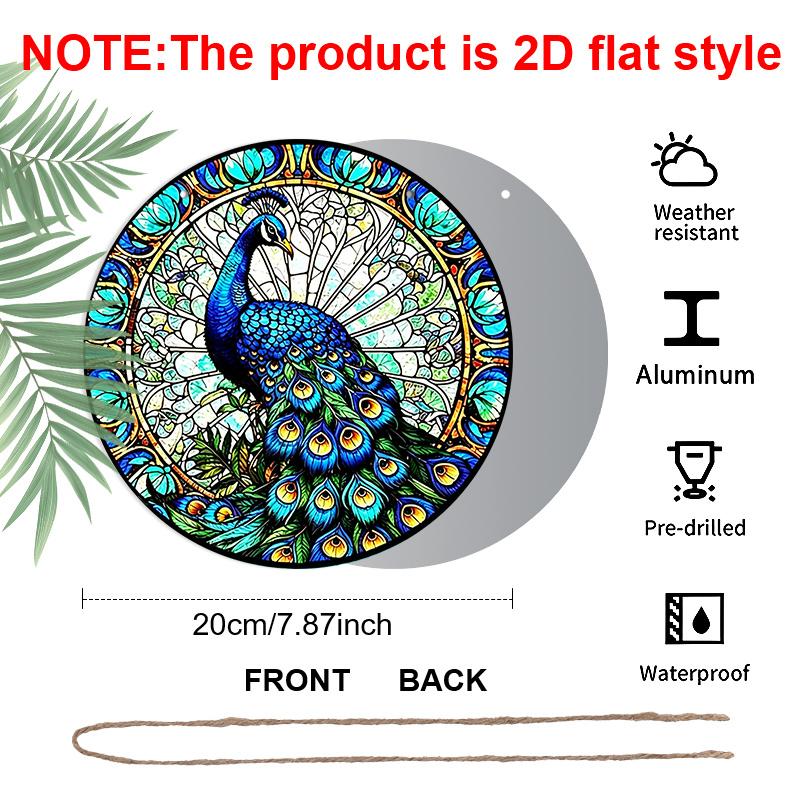 2D Flat, Vintage Stained Glass Style Peacock Round Aluminum Wall Decoration, Available in Various Sizes. Vintage Dessert Style Wall Decoration