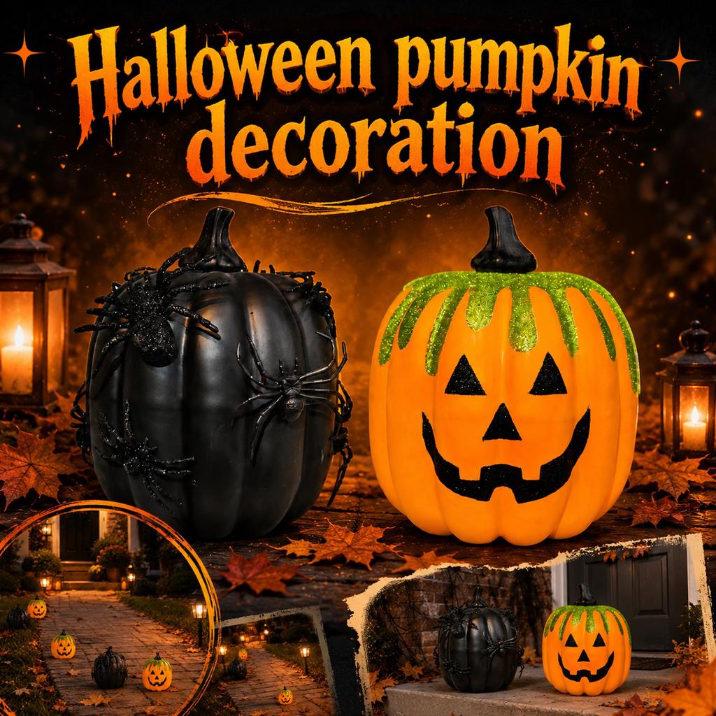 Foam Pumpkin Halloween Decoration with Spider Accents for Indoor Outdoor Use Tabletop Window Sill Shelf Display Seasonal Holiday Decor