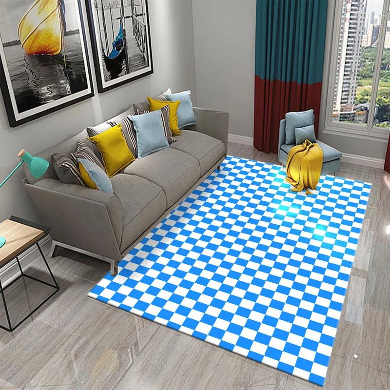 Modern Checkerboard Area Rugs Blue Black Pink Colors Wave Pattern Design for Contemporary Living Room Decor