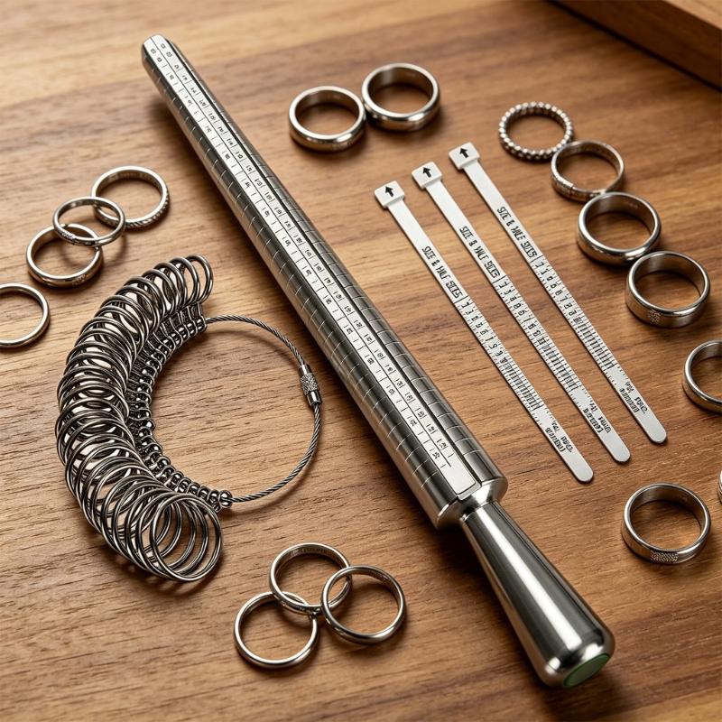 Mehrgrößen-Ringmaßband-Set mit nummeriertem Dorn und Messgeräten für Schmucktheke, Werkbank oder persönliche Ringgrößenprüfung