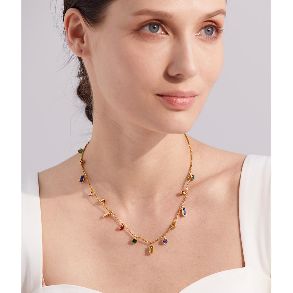 Yhpup Luxury Bling Colorful Cubic Zirconia Chain Necklace Bracelet CZ Waterproof Stainless Steel Jewelry Exquisite Set Women