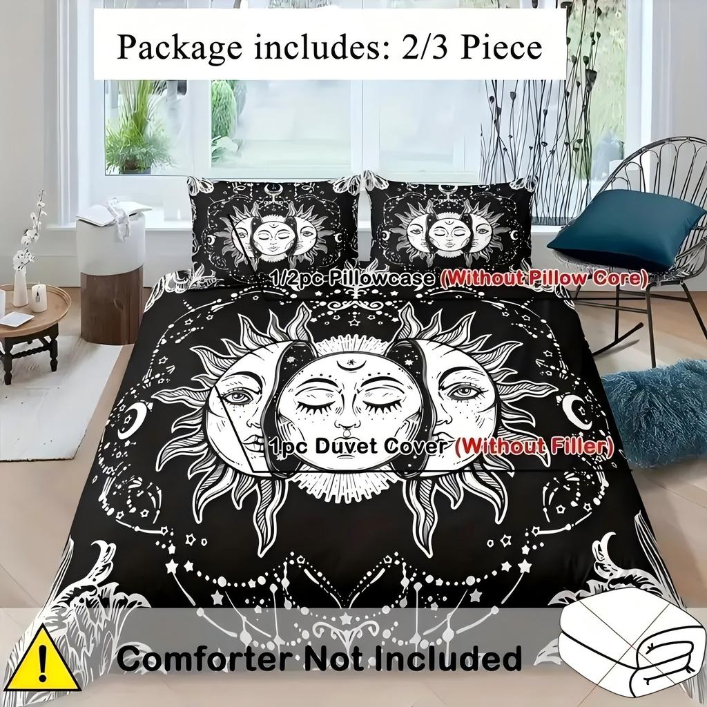 Datura Sun Moon 3D Printed Quilt Cover Bohemian Black White Style Bedding Set Polyester Soft Comfortable Duvet Cover Pillowcases
