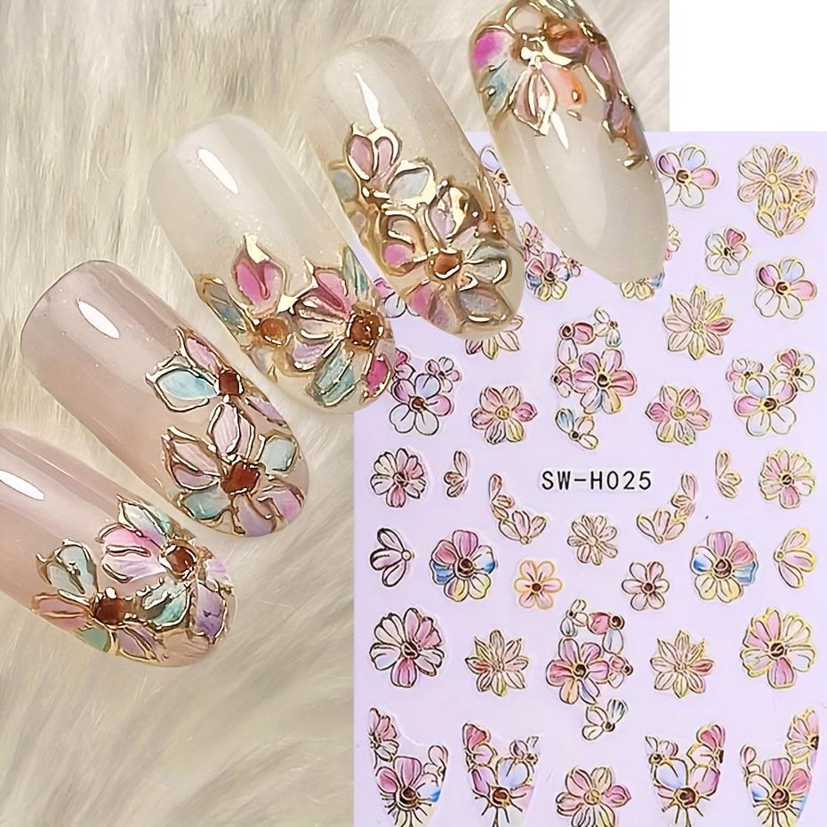 5D Nail Stickers Glitter Golden Dasiy Flowers Geometric Lines Decor Acrylic Embossed Sliders Golden Frame Spring Nail Decals Cherry Blossom Manicure