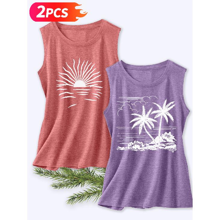 Follow a Specific Direction Two-piece Women's Tank Top with Beach Coconut Tree Print Elegant Summer Party Outfits Sleeveless Vest Essential Fashion