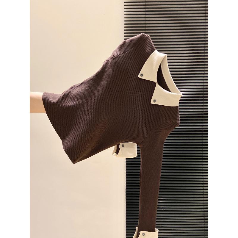 Нежный ветер olo лацкан контрастный свитер женский осенне-зимний приталенный трикотажный свитер с длинными рукавами базовая кофта S