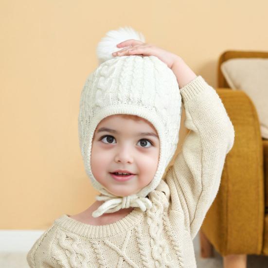 Children Hat Plush Ball Decor Twist Texture Lace-up Knitting Hat Solid Color Design Breathable Warm Winter Hat