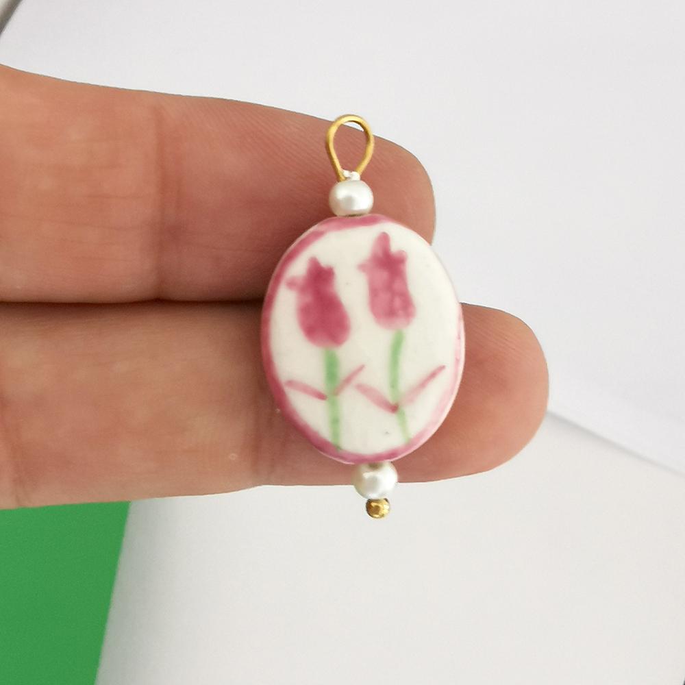 2pcs/lot Flower Ceramics Clay Tulip Pendant Charm Handmade DIY Necklace Stainless Steel Blue Painting Imitation Pearl