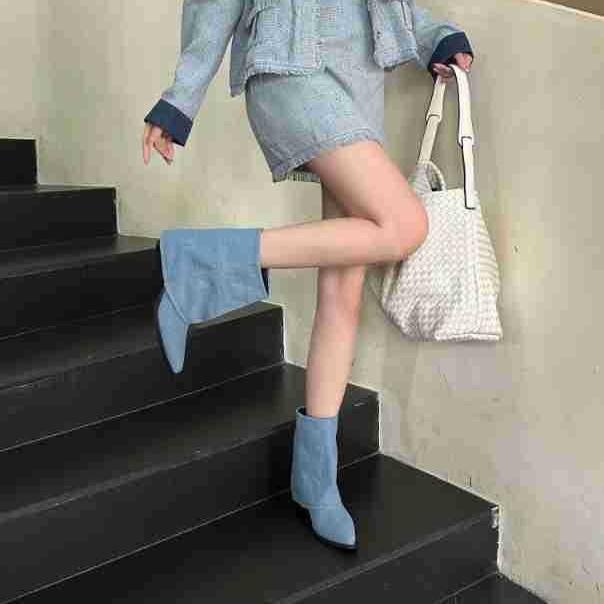 2025 autumn new retro pointed western cowboy boots high heel short trouser boots thick heel cigarette tube short boots women