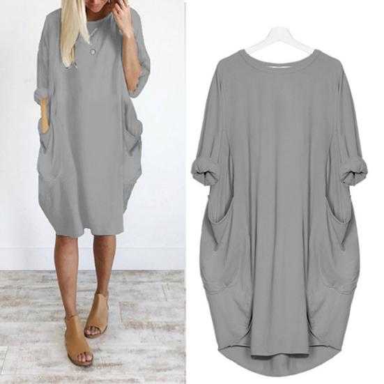 Plus Size Casual Solid Color Women Long Sleeve Loose Midi Dress with Pockets