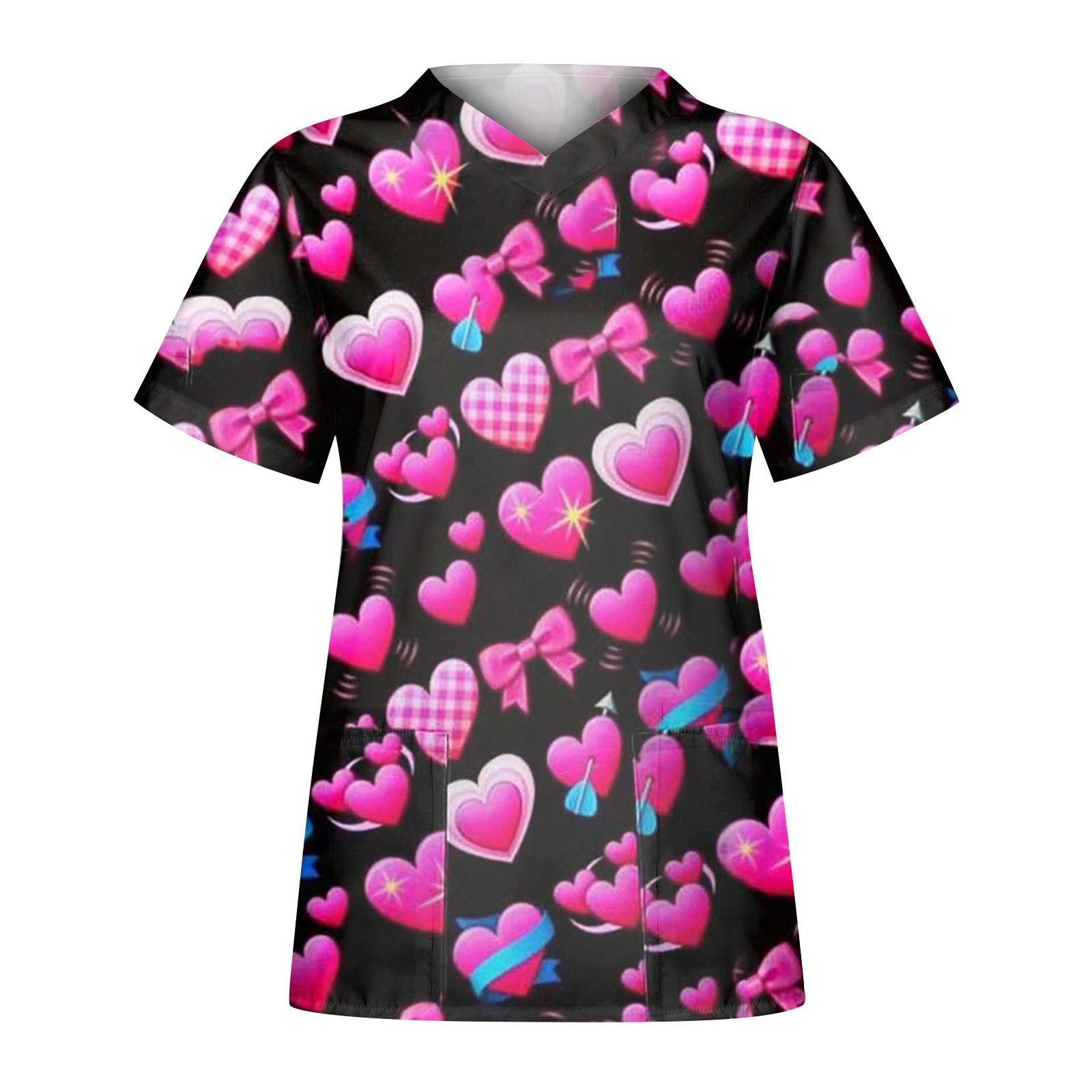 Women s Casual V-neck Short Sleeve Workwear Valentine s Day Printed Uniform M