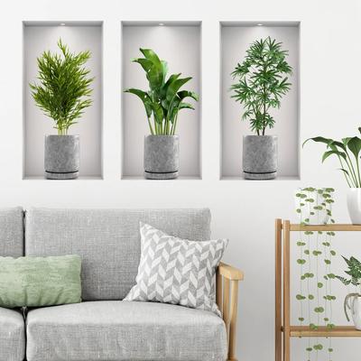 3 Sheets Green Plant Potted Plant Wall Sticker 3D False Window Wall Sticker Vinyl Living Room Background Decoration Wall Decal