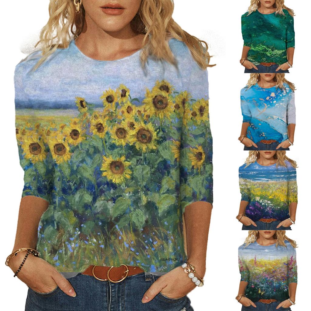 Fashion Women's Spring Printed Mid-length Sleeves Crew-Neck  Casual Tee Tops