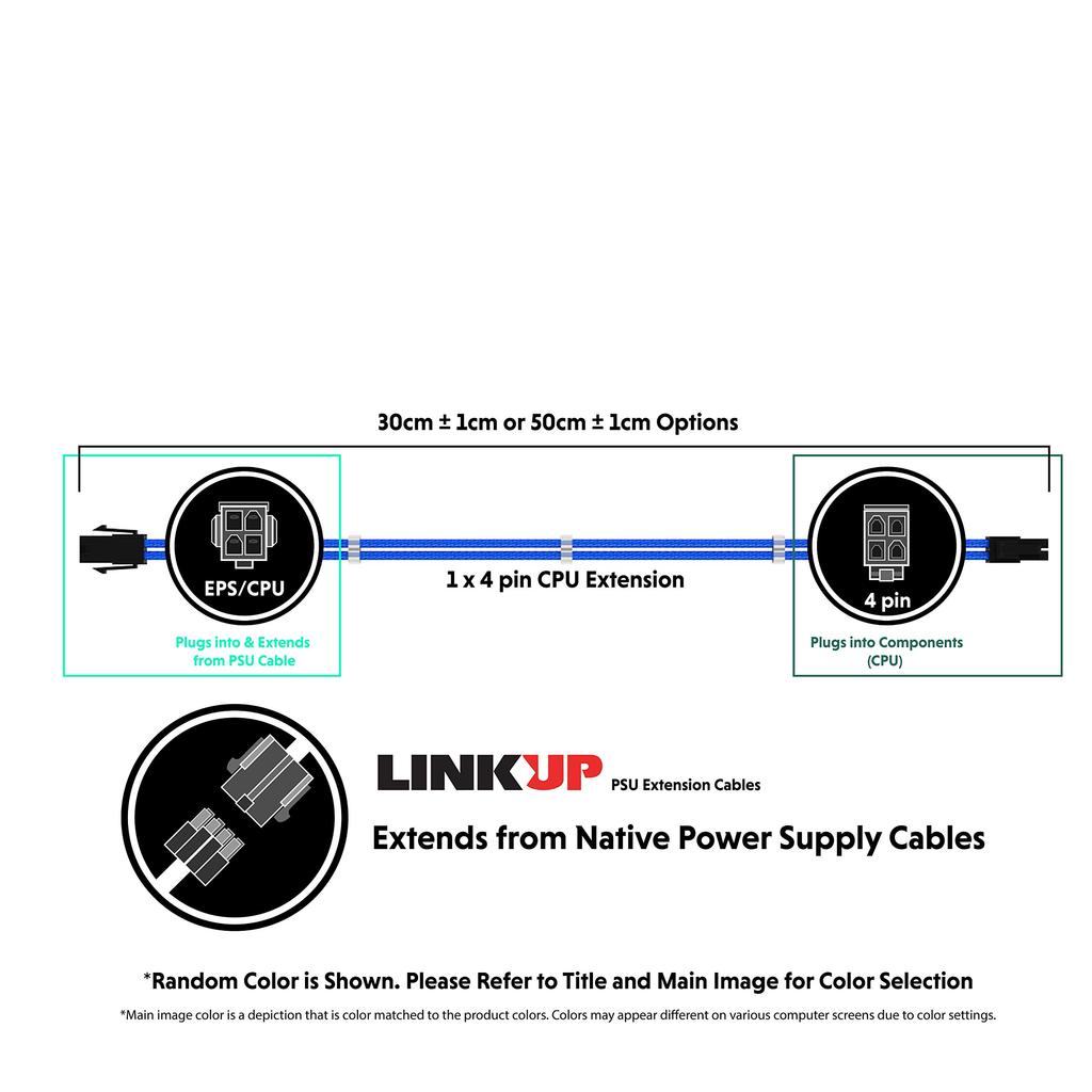 LINKUP 30cm EPS CPU ATX Motherboard PSU Power Supply Braided Sleeve Custom Mod PC Extension Cord with Comb Soft Flexible Single Cord 300mm Metallic