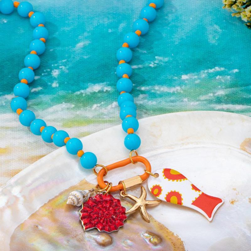 Bohemian Layered Summer Beach Necklace Acrylic Colorful Beads Fish Starfish Charms for Daily Dating Wear