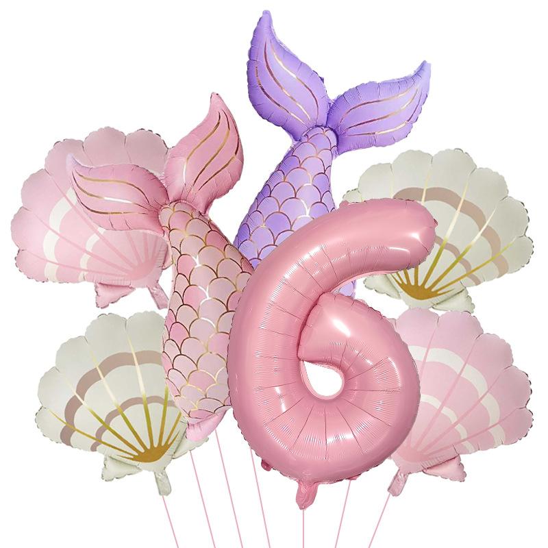 7 Stück Meeresmeerjungfrauenschwanz Muschel Muschel Ballons Set Rosa 0-9 Zahlen Folienballon Unterwasser Geburtstagsparty Dekoration Babyparty Zubehör
