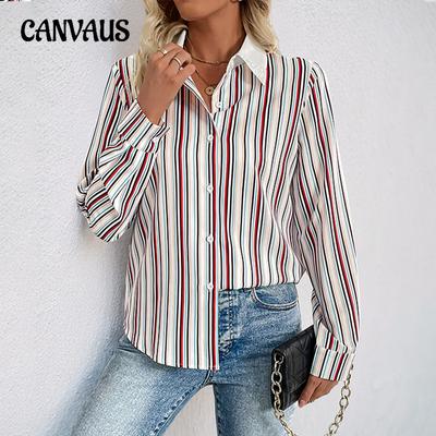 Standing Collar Long-sleeved Cardigan Tops Autumn and Winter Women's Vertical Striped Lapel Shirt