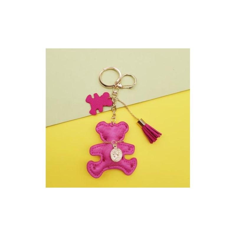 Leather Keychain Teddy Bear Fuchsia Tassels Bag Charm