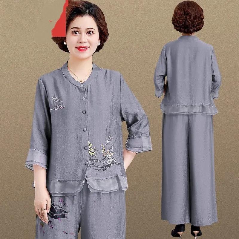 

Жіночий бавовняно-конопляний комплект великого розміру літній топ з рукавом три чверті ретро-принт різнокольоровий жіночий одяг 5XL