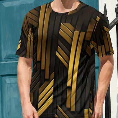 Herren Gold & Schwarz Streifen Print T-Shirt, Aktiv Bequem Leicht Stretch Rundhals 3D Print T-Shirt, Herrenbekleidung Für Sommer Outdoor